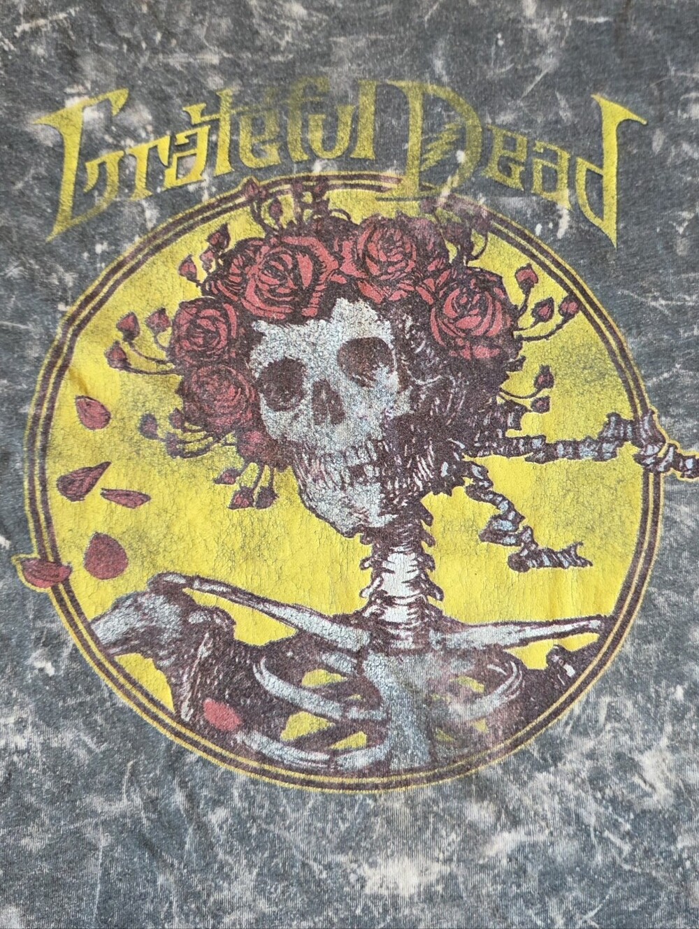 Grateful Dead Black Tee with Yellow Circle and Red Rose Skull Graphic